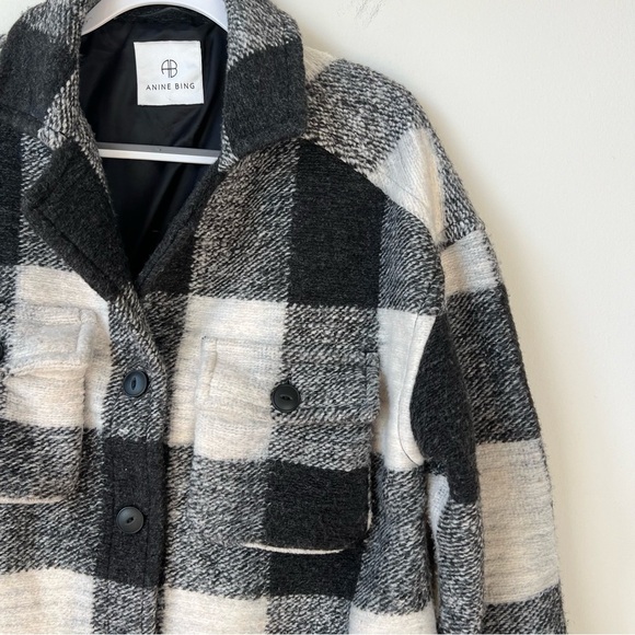 Anine Bing Maeve Buffalo Check Wool Shacket Black and White - Picture 4 of 12